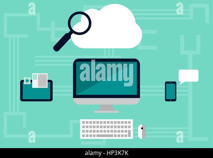 Cloud computing concept with different media (Computer, tablet, cell phone). Magnifying glass and cloud representing data search on online database Stock Vector