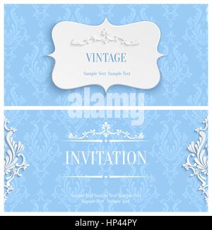 Vector Blue Vintage Background with 3d Floral Damask Pattern for Greeting or Invitation Card Design in Paper Cut Style Stock Vector