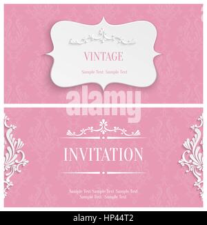 Vector Pink Vintage Background with 3d Floral Damask Pattern for Greeting or Invitation Card Design in Paper Cut Style Stock Vector