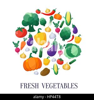 Vector Vegetables Flat Style Icons Set in Circle Shape with Eggplant, Carrot, Paprika, Artichoke, Corn, Radish, Pumpkin, Potato, Leek, Pepper, Onion,  Stock Vector