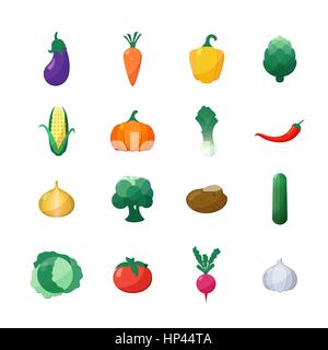 Vector Icons Vegetables Flat Style Set Isolated over White with Eggplant, Carrot, Paprika, Artichoke, Corn, Radish, Pumpkin, Potato, Leek, Pepper, Oni Stock Vector