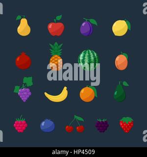 Vector Icons Fruits and Berries in Flat Style Set Isolated over Dark Background with Apple, Pear, Banana, Lemon, Cherry, Strawberry, Raspberry, Bluebe Stock Vector