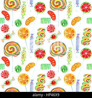 Fruity lollipops sweet bright colors candies, seamless pattern hand painted watercolor illustration Stock Photo