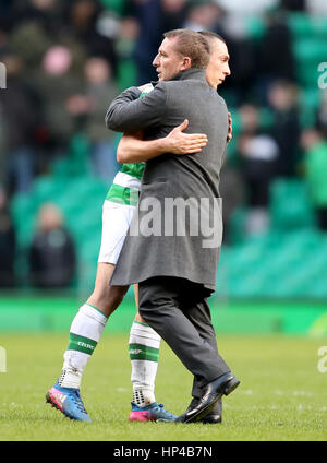 Celtic's manager Brendan Rodgers and captain Scott Brown after the Ladbrokes Scottish Premiership match at Celtic Park, Glasgow. Stock Photo