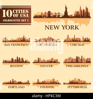 Silhouette city set of USA 1 on brown. Vector illustration Stock Vector