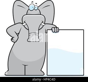 A happy cartoon elephant leaning against a sign. Stock Vector