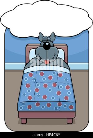 A cartoon wolf in bed dreaming and smiling. Stock Vector