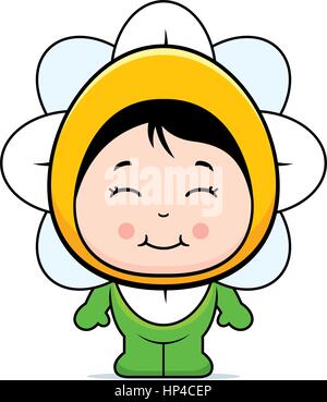 A happy cartoon girl in a flower costume standing and smiling. Stock Vector