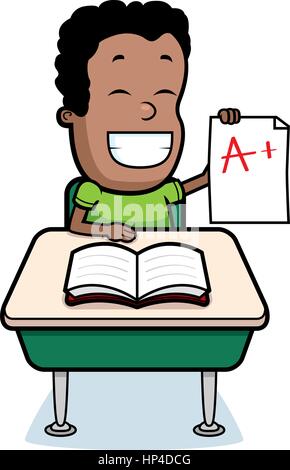 A happy cartoon student with his grades. Stock Vector