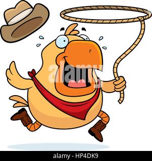 A happy cartoon rodeo chicken with a lasso. Stock Vector