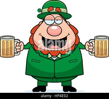 A happy cartoon leprechaun with two beers looking drunk. Stock Vector