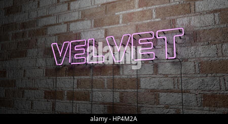 VELVET - Glowing Neon Sign on stonework wall - 3D rendered royalty free stock illustration.  Can be used for online banner ads and direct mailers. Stock Photo