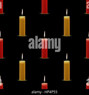 Yellow Red Wax Burning Candles Seamless Pattern on Black Background Stock Vector