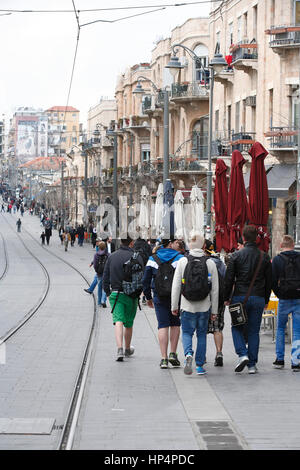 group of young people walking at jaffa street in western part of jerusalem, israel Stock Photo