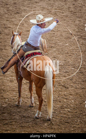 Guadalajara, Mexico, Charro (Cowboy) Trick Roper standing on horse ...