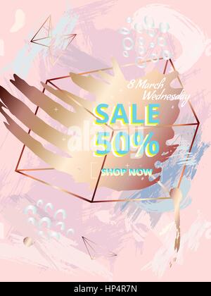 Banner design in style 80s, 90s. Sale 50. March 8 Stock Vector