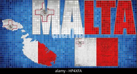 Mosaic map and flag of Malta - Illustration,   Grunge mosaic Maltese flag,  Font with the Malta flag Stock Vector