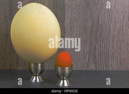 Ostrich egg and hen egg in the stands on a wooden background. Comparison of the size of eggs. Close, horizontal view. Stock Photo