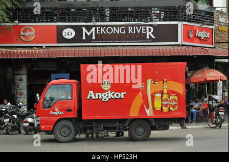 Angkor Beer truck parked in front of the Mekong River restaurant on the riverfront, Phnom Penh, Cambodia. credit: Kraig Lieb Stock Photo