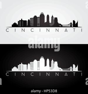 Cincinnati USA skyline and landmarks silhouette, black and white design, vector illustration. Stock Vector