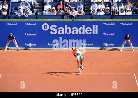 BARCELONA - APR 22: Rafa Nadal (Spanish tennis player) plays at the ATP Barcelona Open Banc Sabadell Conde de Godo tournament on April 22, 2015 in Bar Stock Photo