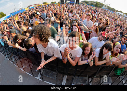 BENICASSIM, SPAIN - JUL 16: Crowd in a concert at FIB Festival on July 16, 2015 in Benicassim, Spain. Stock Photo