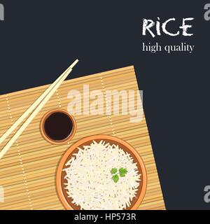 Rice in ceramic bowl with chopsticks. Kitchen bamboo mat, sauce tureen. Text high quality. Vector illustration. For culinary, cafe, fastfood, shop, re Stock Vector