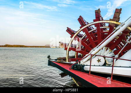 Steamboat paddle wheel on a wide river. Stock Photo