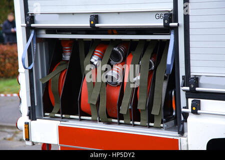 fire truck ready for pumping water Stock Photo