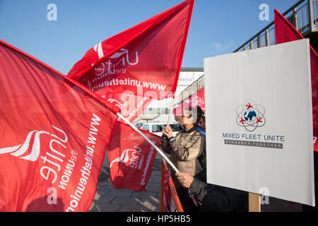 London, UK. 18th February, 2017. Striking British Airways mixed fleet cabin crew belonging to the Unite trade union protest at Hatton Cross near Heathrow airport. The current strike, part of a long-running pay dispute, will run from 17th-20th February and further days of industrial action have been scheduled. Credit: Mark Kerrison/Alamy Live News Stock Photo