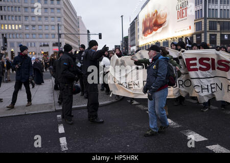 Berlin, Berlin, Germany. 18th Feb, 2017. Around 300 leftists rally against this year's European Police Congress in Berlin. The demonstrators protest against the real and digital repression and show solidarity with victims of police violence in advance of the Congress, which takes place on 21 and 22 February 2017 under the Motto 'Europa? Freedom, mobility, security Credit: Jan Scheunert/ZUMA Wire/Alamy Live News Stock Photo