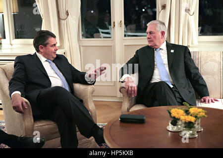 U.S. Secretary of State Rex Tillerson meets with German Foreign Minister Sigmar Gabriel on the sidelines of the G-20 Foreign Ministers Meeting February 16, 2017 in Bonn, Germany. Stock Photo