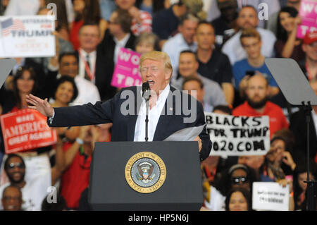 Melbourne, Florida, USA. 18th February, 2017. U.S. President Donald Trump speaks at a campaign rally on February 18, 2017 at Orlando-Melbourne International Airport in Melbourne, Florida. This is the first event of its kind that Trump has held since his inauguration on January 20, 2017. Credit: Paul Hennessy/Alamy Live News Stock Photo