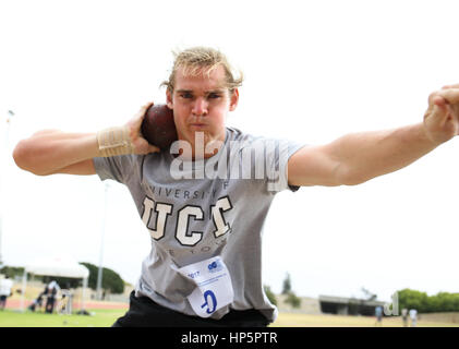 Cape Town, South Africa. 18th February, 2017. Zane Wehr of the University of Cape Town (UCT) in the mens shot put during the second WP Athletics League track and field meeting at the Parow Athletics Track on February 18, 2017 in Cape Town, South Africa. Photo by Roger Sedres/Gallo Images/Alamy Live News Stock Photo