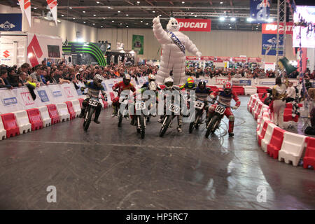 London UK. 19th February, 2017. Excel saw live action at the Michelin sponsored Slide  centre Stage. John McGuinness gwent head-to-head with ex World Superbike Champions Neil Hodgson and Troy Corser,  favourite Chris Walker and Australian speedway stars Mark Lemon and Kevin Doolan. Credit: Paul Quezada-Neiman/Alamy Live News Stock Photo
