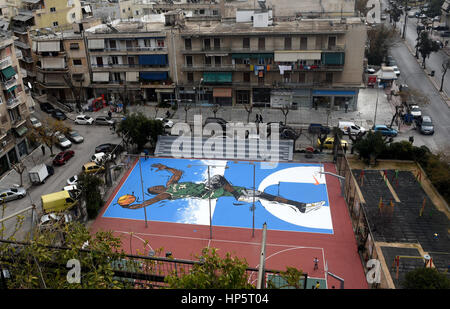 Athens, Greece. 19th Feb., 2017. A graffiti shows Greek NBA All-Star game player Giannis Antetokounmpo doing a slam dunk in his neighborhood in Athens, Greece, 19 February 2017. The graffiti was created by street artist Same84 in the open basketball field of Triton in the neighborhood of Sepolia, where the 22 year old Milwaukee Bucks player Giannis Antetokounmpo, with the nickname 'Greek Freak', grew up and made his first steps in basketball when he was 12.  ©Elias Verdi/Alamy Live News Stock Photo