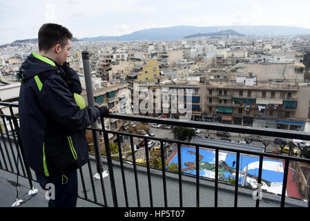 Athens, Greece. 19th Feb., 2017. A graffiti shows Greek NBA All-Star game player Giannis Antetokounmpo doing a slam dunk in his neighborhood in Athens, Greece, 19 February 2017. The graffiti was created by street artist Same84 in the open basketball field of Triton in the neighborhood of Sepolia, where the 22 year old Milwaukee Bucks player Giannis Antetokounmpo, with the nickname 'Greek Freak', grew up and made his first steps in basketball when he was 12.  ©Elias Verdi/Alamy Live News Stock Photo