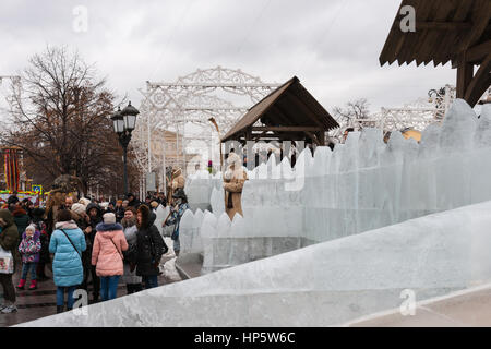 Moscow, Russia. Sunday, Feb. 19, 2017. Details of snow fortress and decorations on Revolution square - the main area of the festival. Maslenitsa, pancake, cheese fare week festival, carnival started in the city. People enjoy street performances and eat hot pancakes. This is also farewell to winter festival. The day is warm (+2C, about 36F) but gloomy. © Alex's Pictures/Alamy Live News Stock Photo