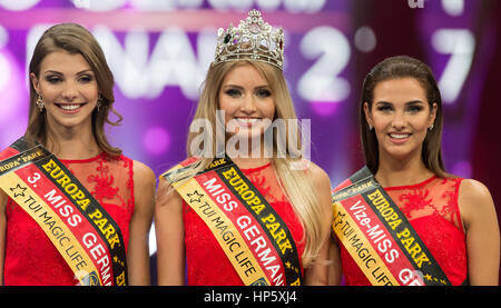 Sarah Strauss (Miss Bremen, 3rd Place), Soraya Kohlmann (winner, Miss Saxony) and Aleksandra Rogovic (2nd Place, Miss Lower Saxony), photographed during the Miss Germany 2017 beauty pageant at the Europa-Park in Rust, Germany, 18 February 2017. Photo: Patrick Seeger/dpa Stock Photo