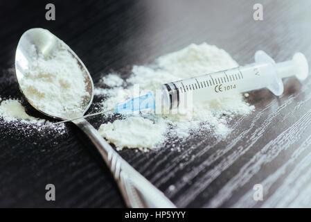 drug use, addiction and substance abuse concept - close up of sp Stock Photo