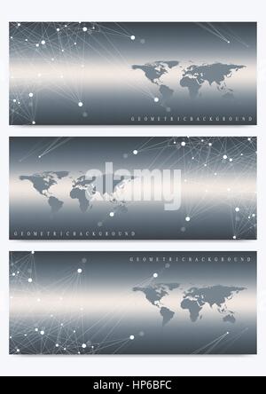 Modern set of vector banners with World Map. Geometric presentation. Molecule DNA and communication background for medicine, science, technology, chemistry. Cybernetic dots. Lines plexus. Card surface Stock Vector