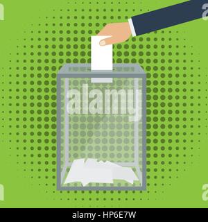 Voting, election concept. Vector illustration flat design style. Transparent glass box. Man holds in his hand bulletin, puts in ballot box. Stock Vector