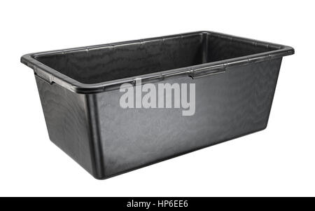 Rectangular heavy duty black plastic basin for construction works. Isolated on white. Stock Photo