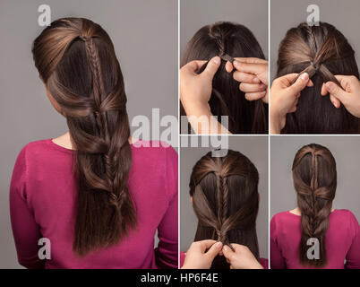 fishtail braid tutorial .Method of french braid.Process of weaving fishtail braid.Hairstyle for long hair Stock Photo