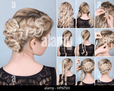 hairstyle braid on blonde model tutorial. Hairdo for long hair Stock Photo