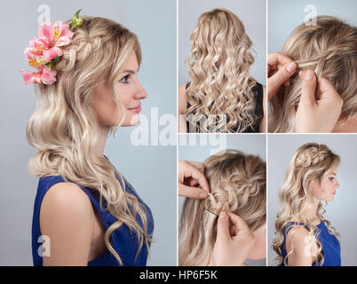 simple braid hairstyle with curly hair tutorial. Romantic evening hairstyle for long hair. Blond model hairstyle for bridesmaid with fresh alstroemeri Stock Photo