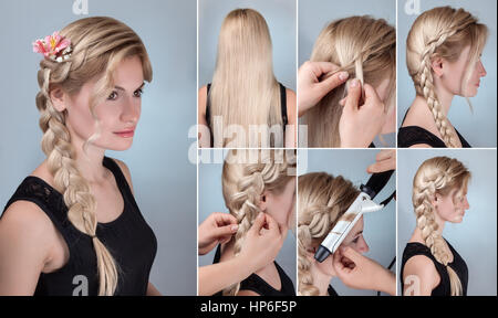 simple braid hairstyle tutorial. Romantic evening hairstyle for long hair. Blond model with braid hairstyle with fresh flowers Stock Photo