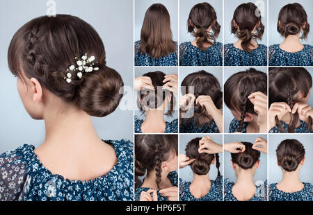 romantic braided bun updo with flowers tutorial. Hairstyle for middle hair Stock Photo