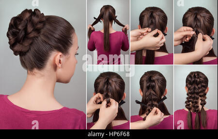 simple elegant hairstyle tutorial.Updo for long and medium hair.Woman brunette with evening hairstyle bun Stock Photo