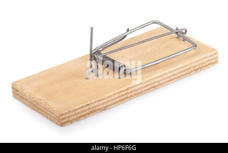 empty wooden mousetrap isolated on white background Stock Photo
